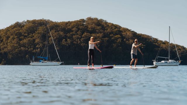 two people stand up paddle boarding on ocean with scenic green backdrop