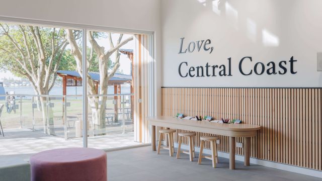 light and warm interior of the visitor centre on the edge of The Entrance channel